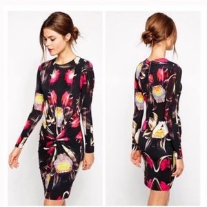 TED BAKER SIZE:1 TALALA WOMEN'S PETAL PRINT FLORAL DRESS BLACK, long sleeve